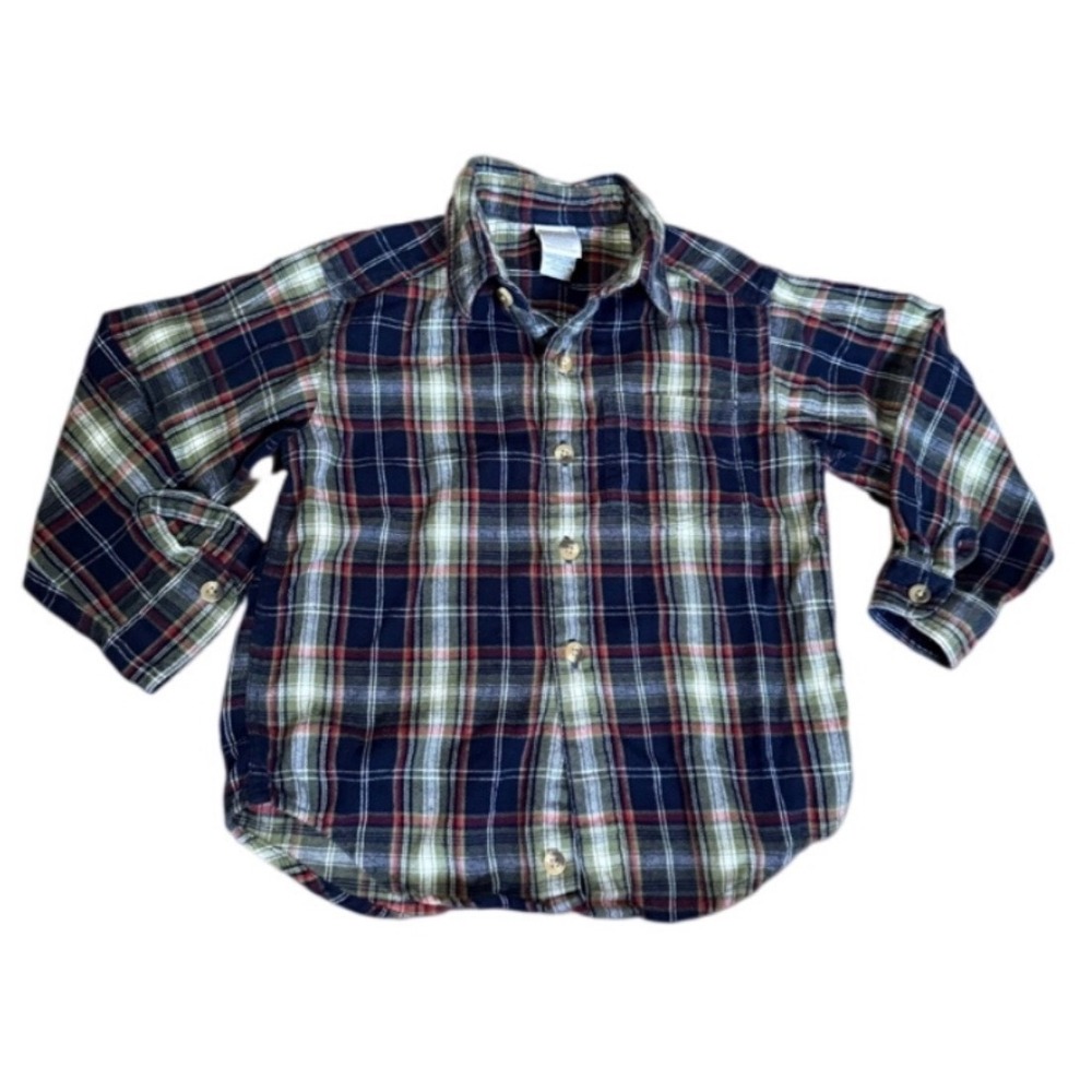 Lands End Boys 4T Vintage Plaid Flannel Shirt Navy Blue Green Red Cotton